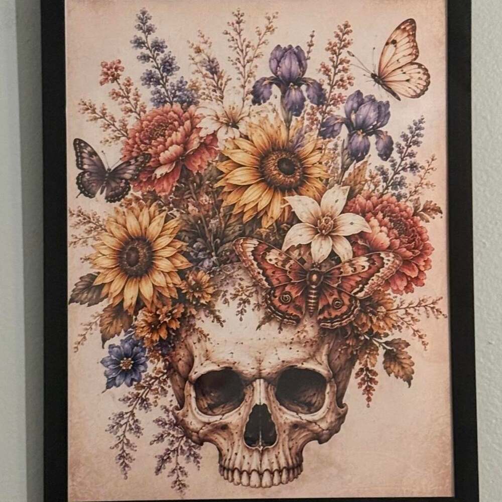 8 X 10 Black Framed Floral Skull 497 A
